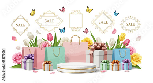 A vibrant spring sale display features shopping bags with tulips, gifts with bows, and ornate sale frames, all arranged on a white pedestal against a clean white backdrop, creating a joyful