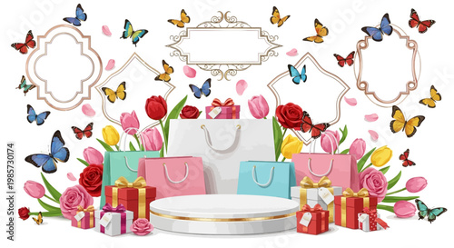 An eye-level, colorful presentation featuring shopping bags, tulip flowers, wrapped gifts, a white round platform, and decorative frames, all surrounded by flying butterflies