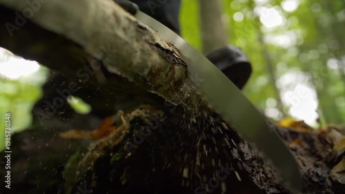 Hand saw cutting through tree branch in slow motion outdoors