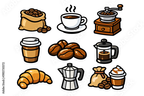 Coffee icons: beans, cups, grinder, and more.