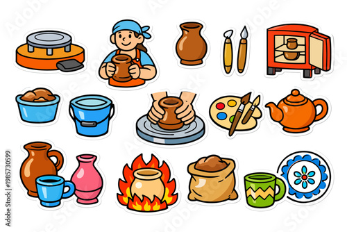 Female potter crafting clay pottery with kiln and tools in studio.