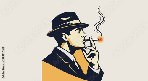 Man in fedora smokes cigarette, plumes of smoke rise upward
