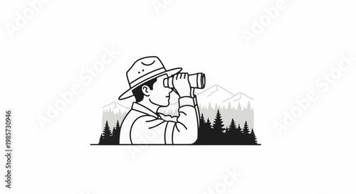 Man with binoculars gazes at distant mountains and forest