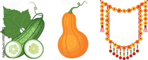 Fresh cucumber and pumpkin vegetables with decorative garland vector illustration organic food harvest and festive design element set