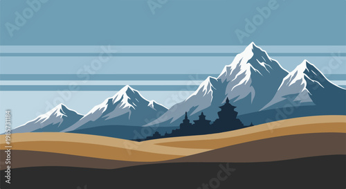Pixelated mountain range with snow-capped peaks and ancient structures