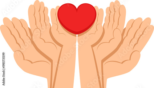 Family Day. Hands of a father, mother, and child hold a red heart on a white background.