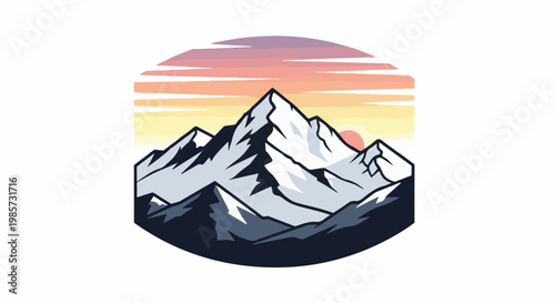 Snowy peaks at sunset, stylized with bold outlines