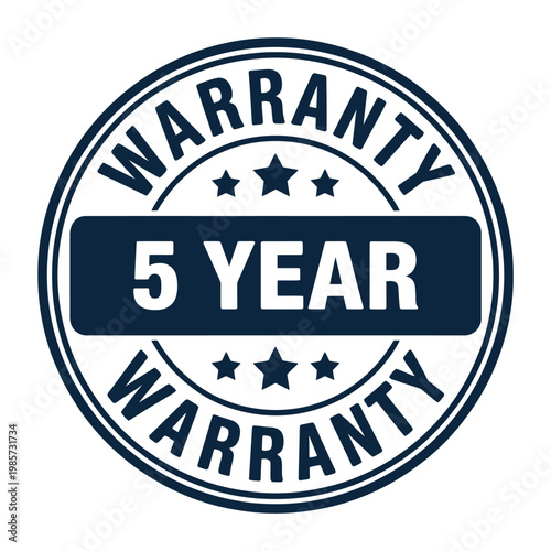 Five year warranty seal a circular graphic with bold text