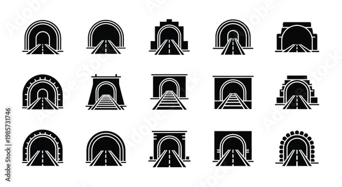 Collection of various tunnel entrances in a black and white style