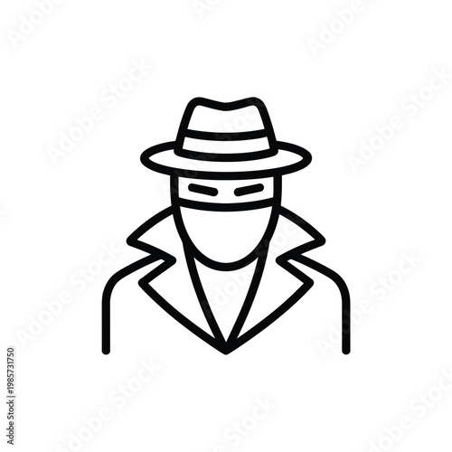 Line art illustration of a masked figure wearing a hat and coat