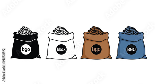 Four bags of coffee beans in different colors with logos