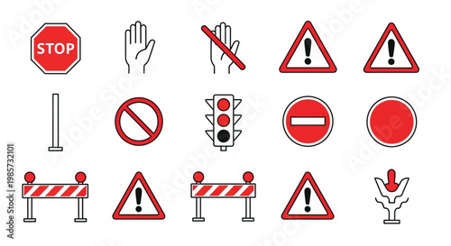 Collection of colorful road signs traffic control devices and hand symbols