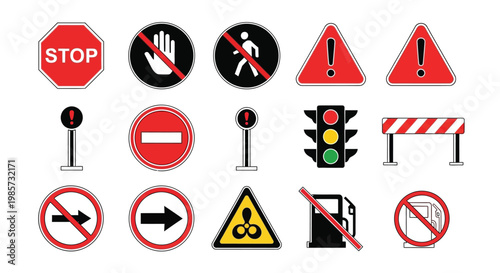 Collection of various colorful road signs and traffic control symbols