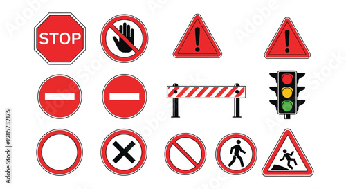 Collection of various colorful road signs and traffic control symbols
