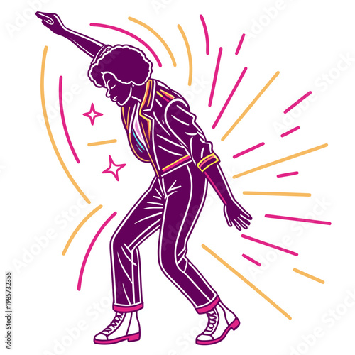 Billede på lærred Disco dancer energetic pose radiating light sparkles.