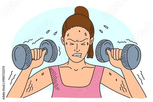 Woman doing fitness exercise with dumbbells vector isolated. Doodle illustration of excessive exercise. Female character doing hard workout. Hand-drawn sportswoman.