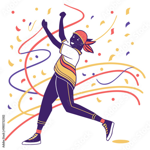 Happy person dancing with confetti and streamers.