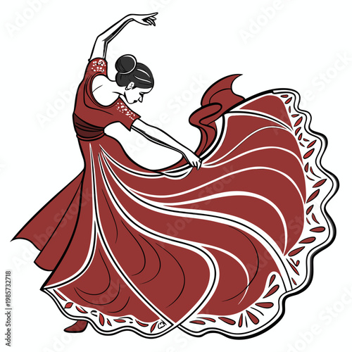 Flamenco dancer in red dress with flowing skirt.