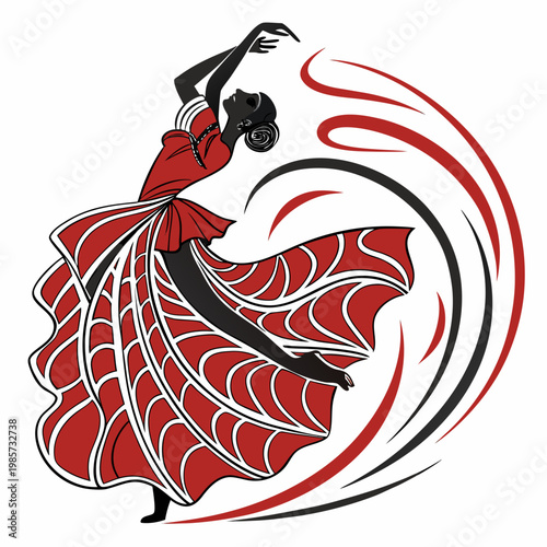 Silhouette flamenco dancer, red dress whirl.