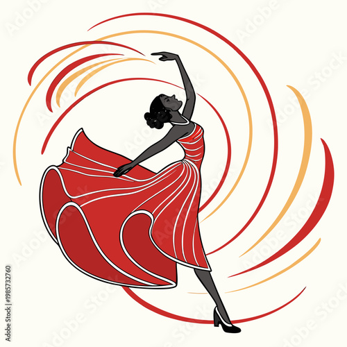 Dancer in red dress with orange and red swirls.