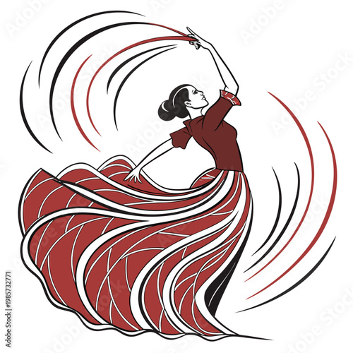 Flamenco dancer in brown top and red skirt.