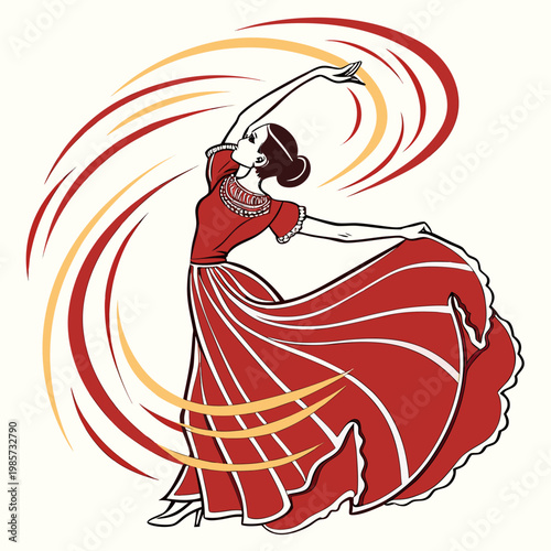 Flamenco dancer elegant red dress flowing swirls.