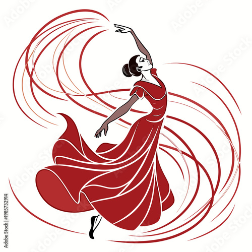 Flamenco dancer in red dress with swirling ribbons.