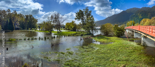 Flooding at Te Aroha, New Zealand, panoramic view. Flooded fields by Waihou River after Cyclone Vaianu, April 2026. Matamata-Piako District, Waikato region. Low-lying area prone to floods.