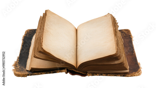 Konstfotografi Antique open book with aged yellowed pages and worn leather cover, isolated on t