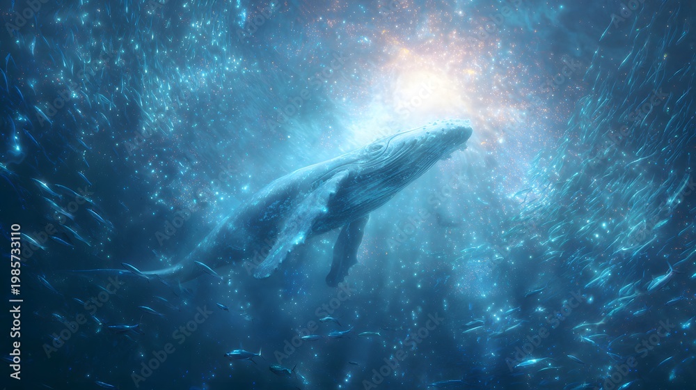 Fototapeta premium underwater scene with a giant whale swimming toward a bright celestial light. Vast blue ocean background with glowing aquatic particles. Majestic wildlife art, the serenity of the deep sea.