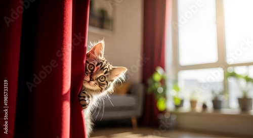 Curious Cat Peeking from Behind Red Curtain in Sunlit Room