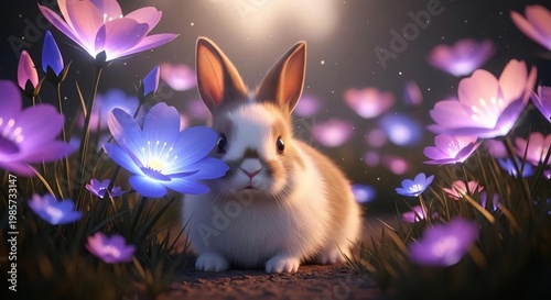 Cute Bunny Surrounded by Colorful Flowers in a Magical Setting
