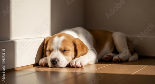 Cute Beagle Puppy Sleeping in Sunlight on Wooden Floor at Home