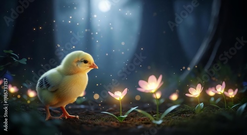 Cute Baby Chick Surrounded by Enchanting Flowers in Magical Forest