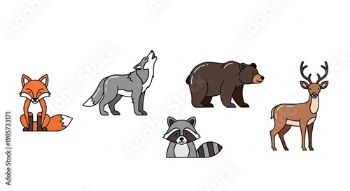 Cute Cartoon Forest Animals Including Fox, Wolf, Bear, Raccoon, Deer