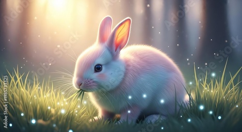 Cute white rabbit sitting on grass in magical forest setting