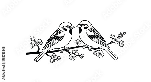 Two sparrows perched on a blossoming branch in a vintage style