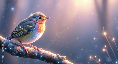 Delicate Bird Perched on Branch with Soft Light and Sparkles