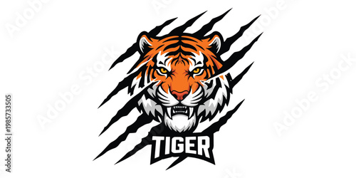 Fierce tiger head logo with claws, intense expression and bold lettering