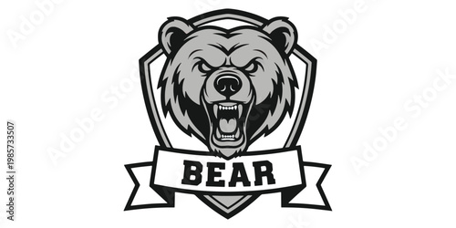 Fierce bear head in a shield emblem, roaring with intensity and strength, black and white