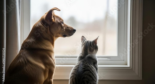 Dog and Cat Sitting Together by Window, Watching Outside Scene
