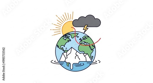 Earth with Sun, Cloud, and Iceberg Illustrating Climate Change Impact