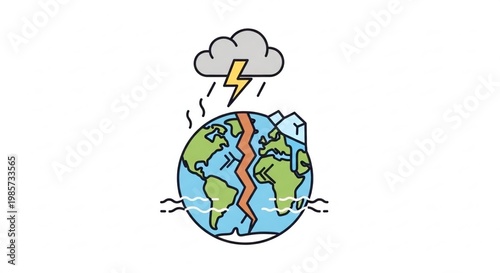 Earth illustration showing cracks, storm, lightning, and flooding effect