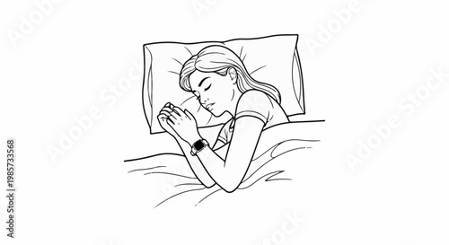 Woman sleeping peacefully in bed with hands clasped and wearing a watch