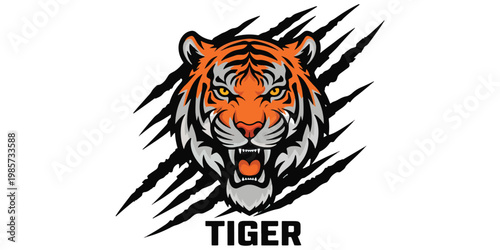 Fierce tiger face with claws, intense expression, striking black and orange colors