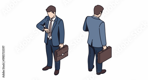 Two stylized men in business suits, one facing front checking wristwatch, other rear view