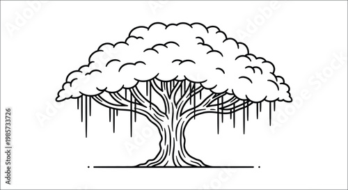 Detailed line art illustration of a weeping willow tree with cascading branches