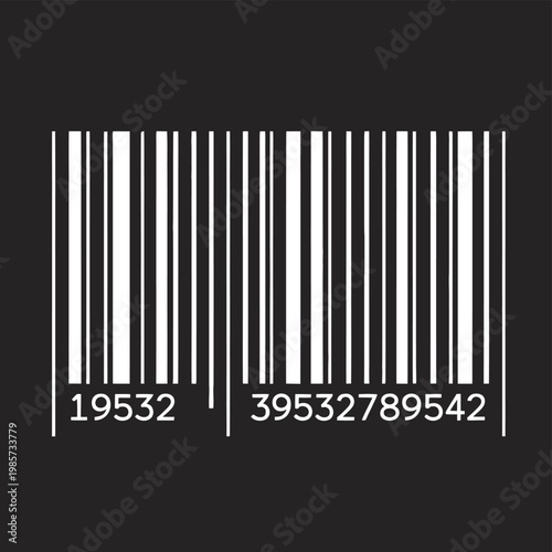 A stark white barcode against a solid black background with numerical identifiers