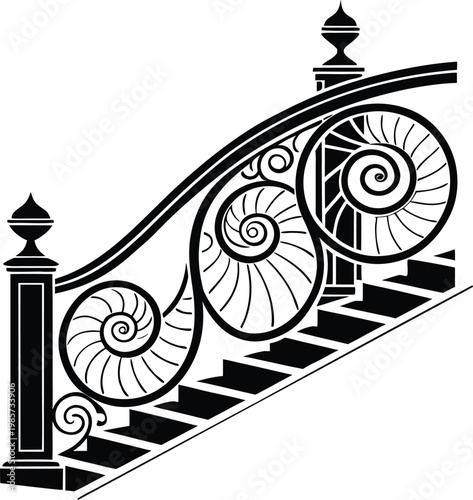 Ornate staircase railing, wrought iron balustrade, decorative handrail, black vector design
