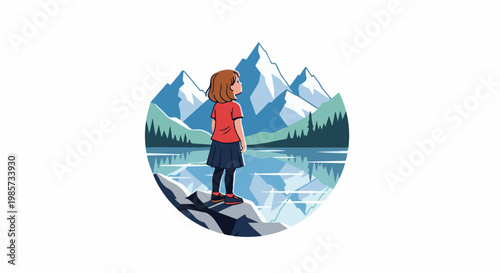 Young girl gazes at majestic mountain lake reflecting serene peaks and evergreen forests